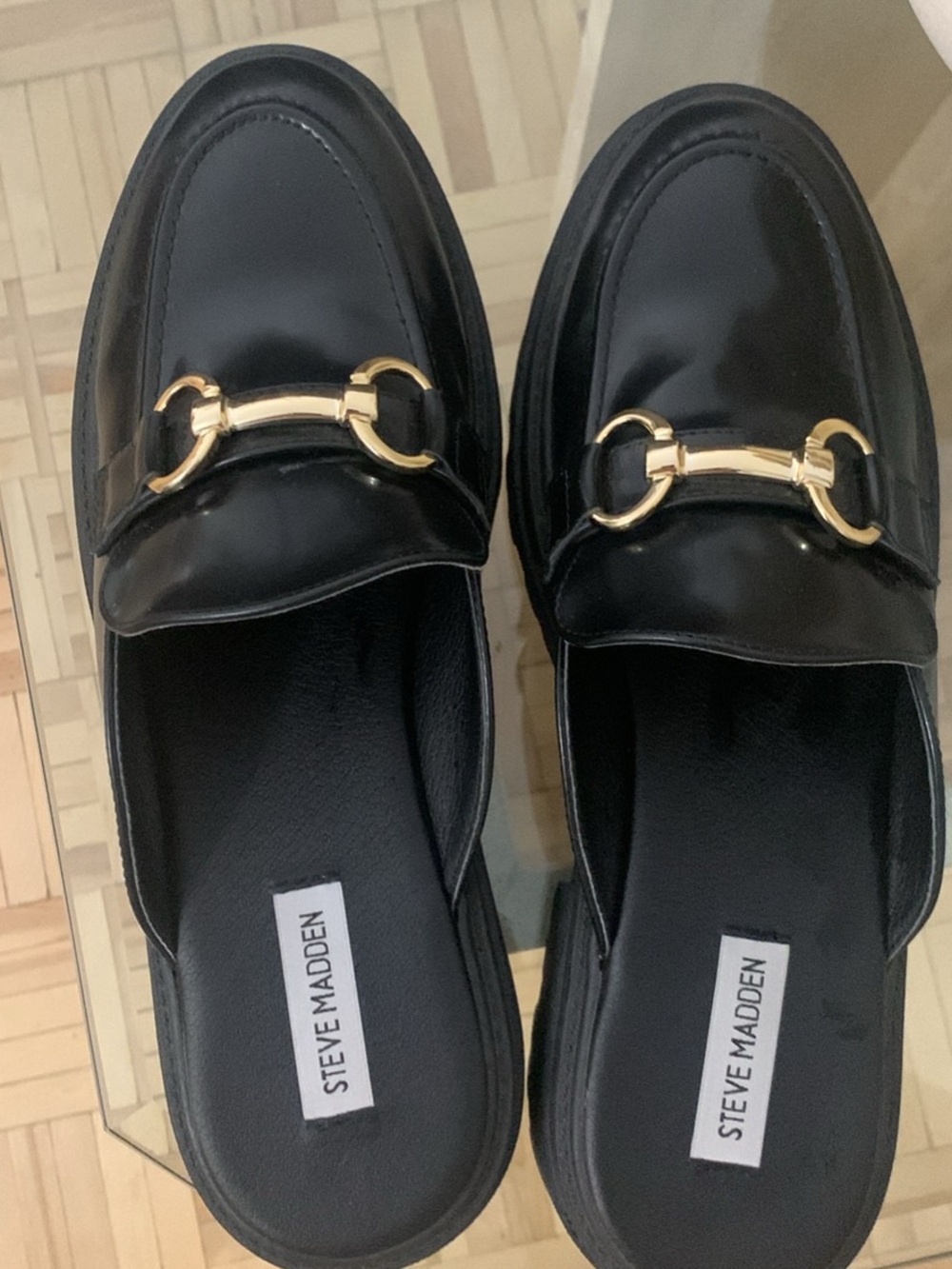 Steve Madden Black Slip-On Mules with Gold Horsebit